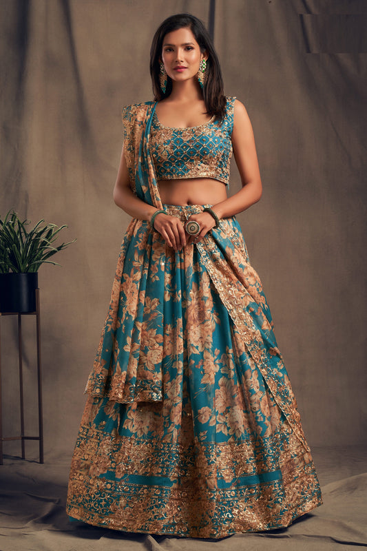 Cyan lehenga and choli designs full front view reception look
