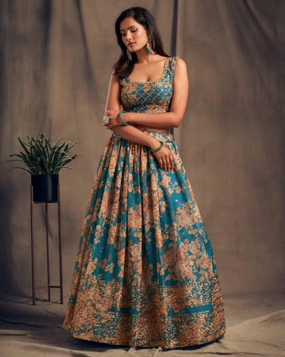 Cyan lehenga choli blouse with digital print and zari embroidery