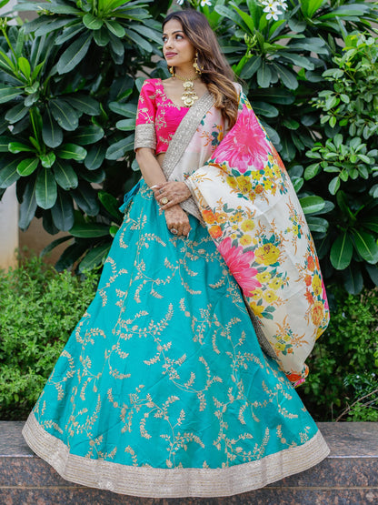 Dupatta embroidery detail on cyan reception lehenga