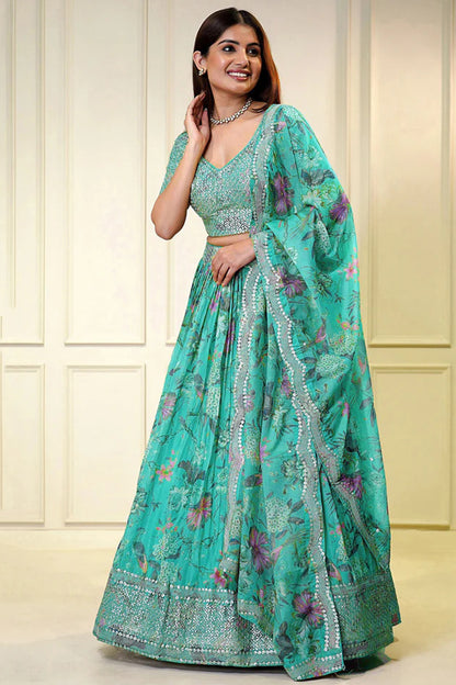 cyan lehenga choli front full view with floral embroidery