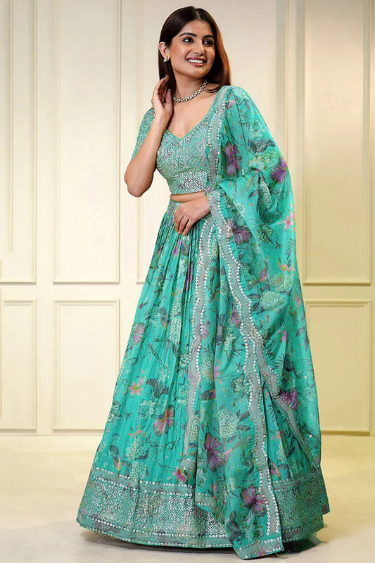 cyan lehenga choli front full view with floral embroidery