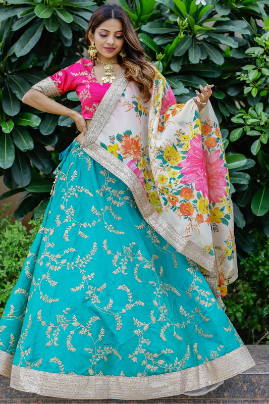 Cyan lehenga choli full front view with embroidered skirt