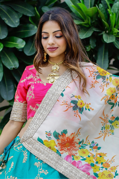 Chinon silk lehenga choli fabric flow detail in cyan
