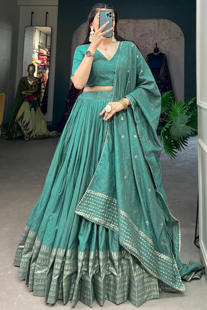 Cyan lehenga with zari weaving front view