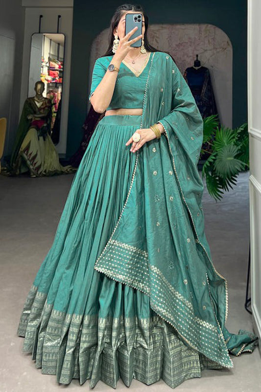 Cyan lehenga with zari weaving front view