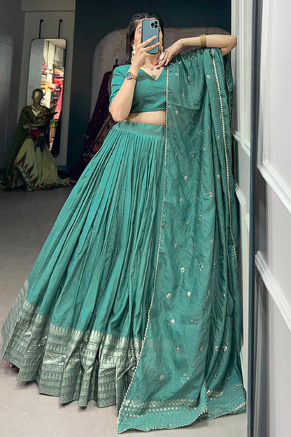 Designer lehenga sets in cyan for wedding event