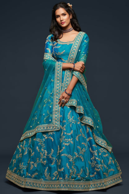 Cyan reception lehenga full front view with net dupatta