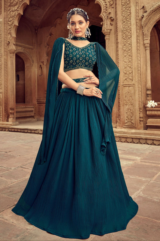 Dark Blue lehenga choli full front view with embroidery