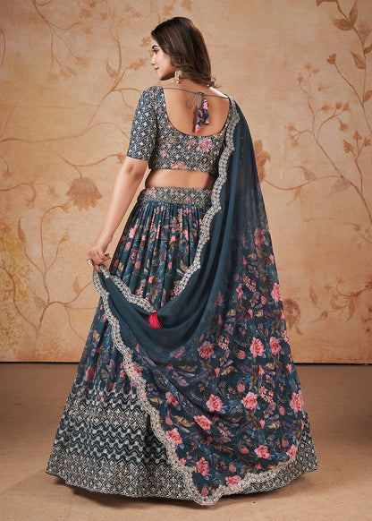 Back view of floral printed lehenga choli set
