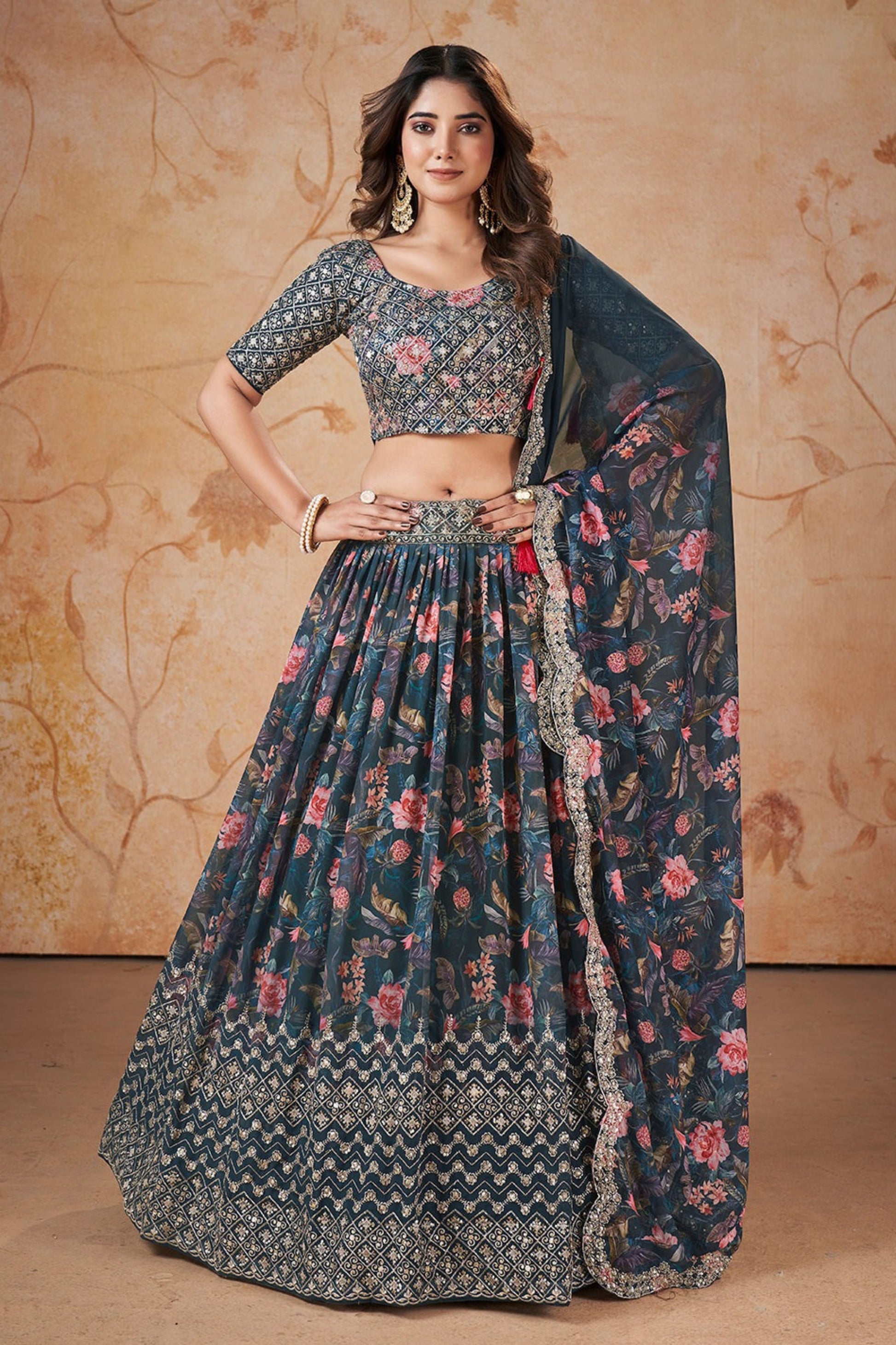 Dark blue lehenga for wedding with floral print front view