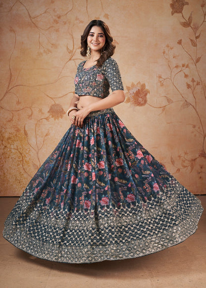 Side view of dark blue party wear ghagra with floral design