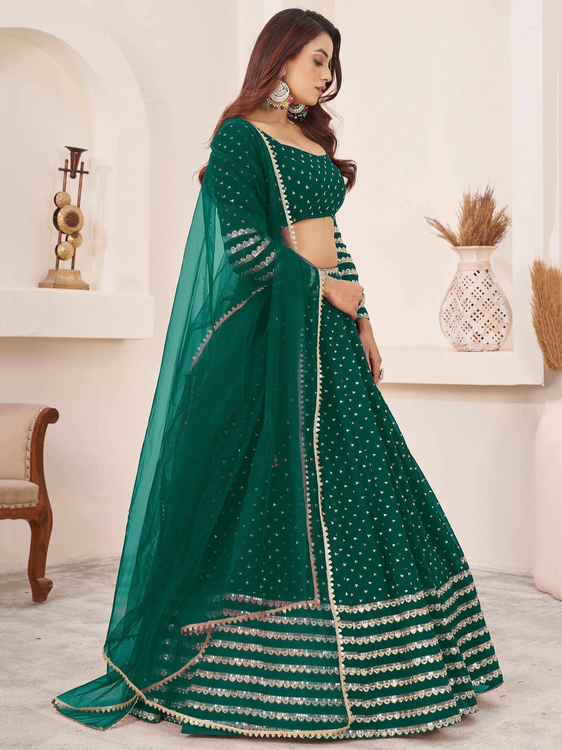 Side profile of georgette lehenga choli with dupatta