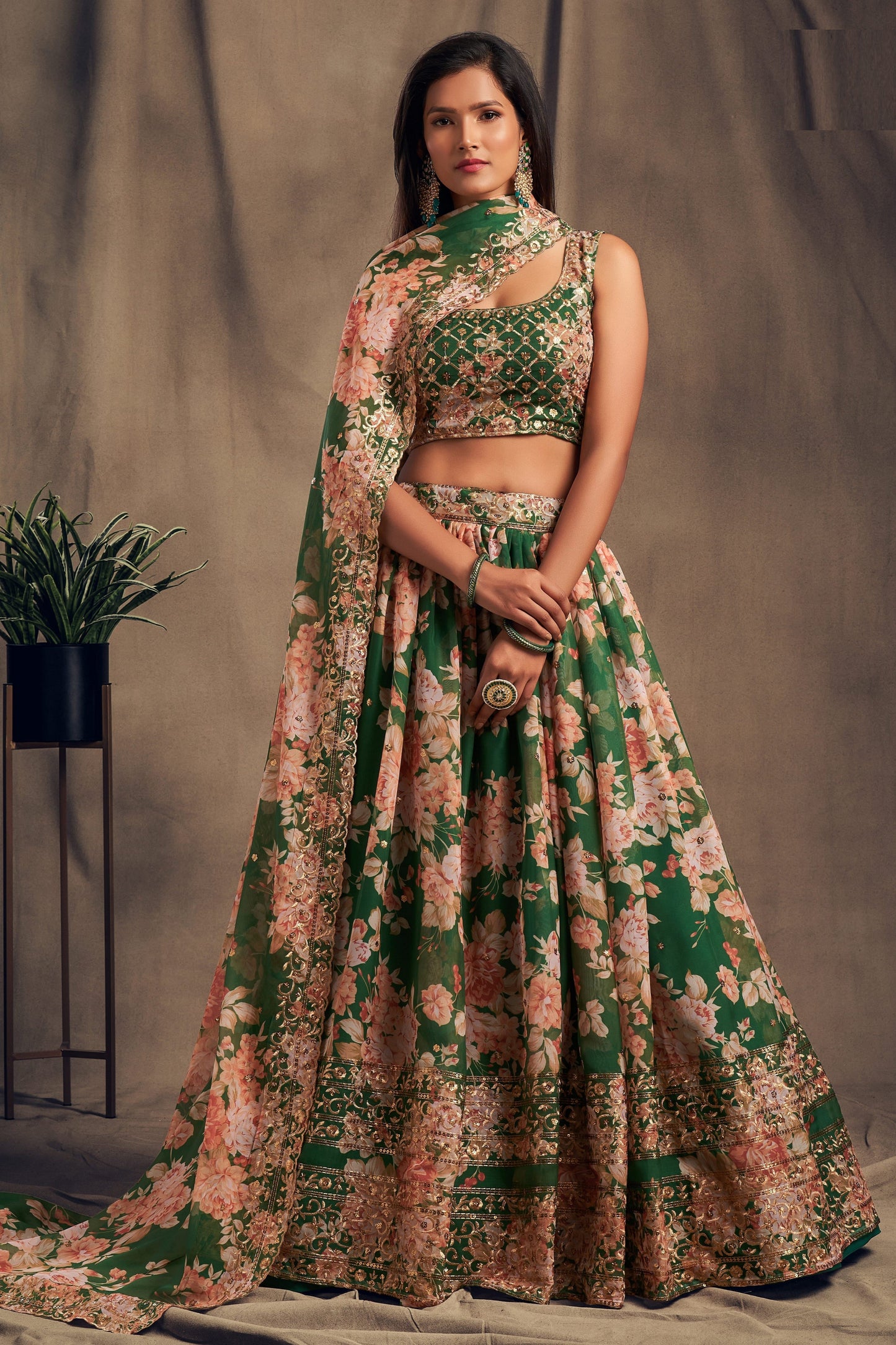 dark green lehenga for women full front view with organza flare