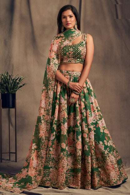 dark green lehenga for women full front view with organza flare