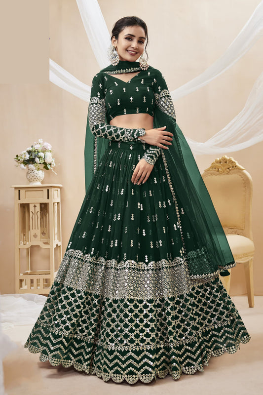 Dark green lehenga full front view with net dupatta