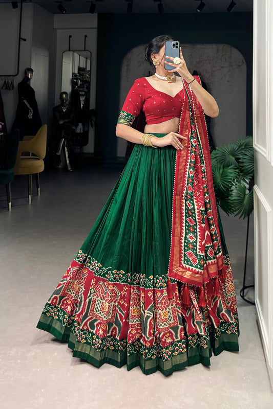 dark green lehenga full front view with floral foil print

