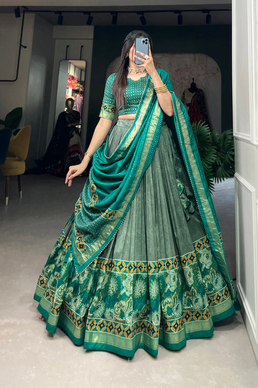 Dark green lehenga front view with printed foil detailing
