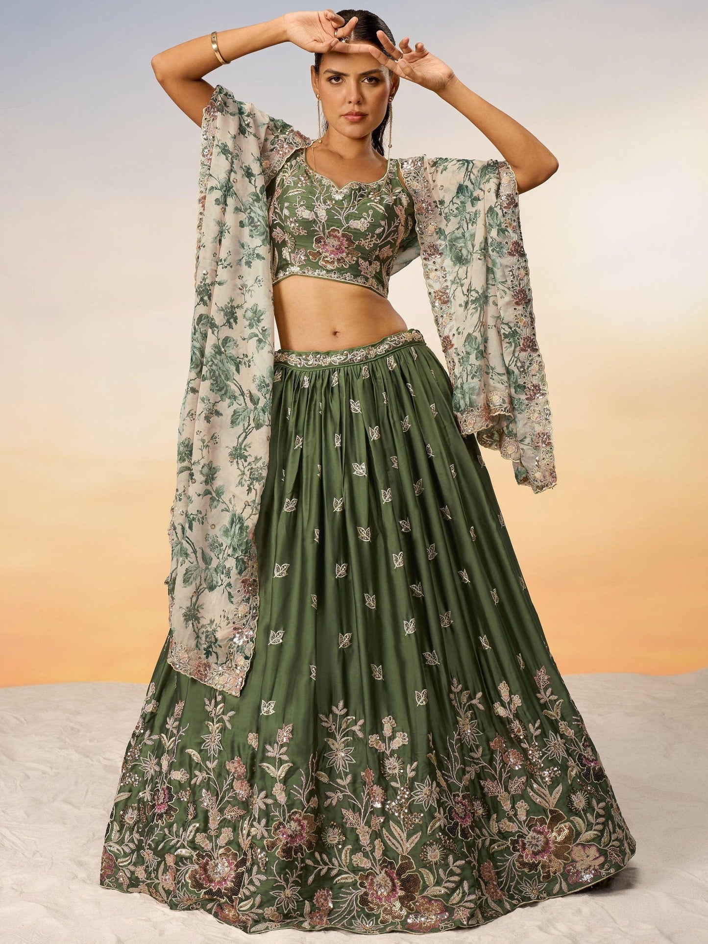 Reception styling dark green lehenga with embroidery
