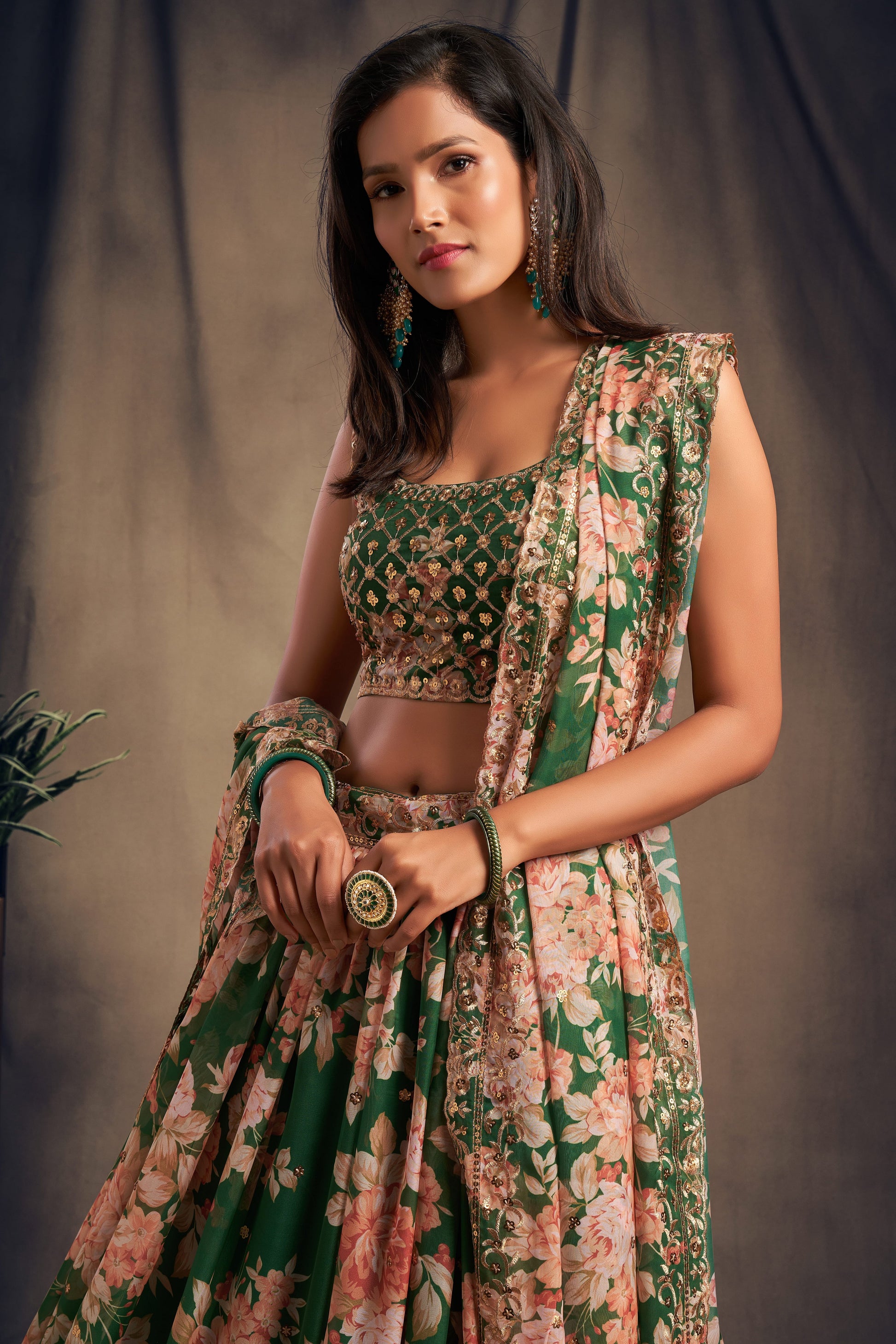 lehenga choli for women dark green embroidery detail close up