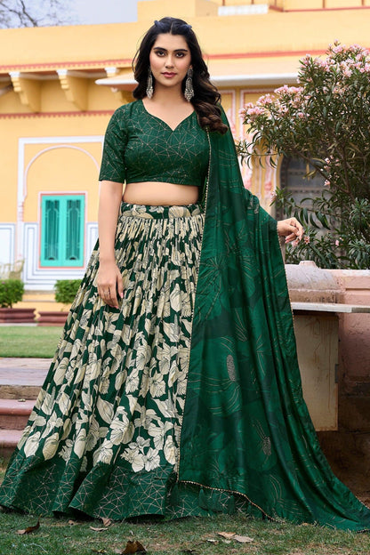Dark green reception lehenga full front view with floral embroidery