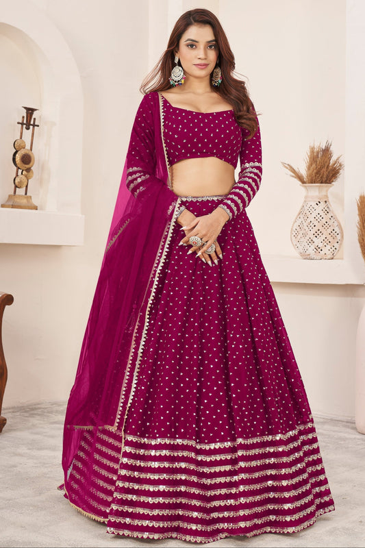 Dark Pink lehenga choli full front view with net dupatta