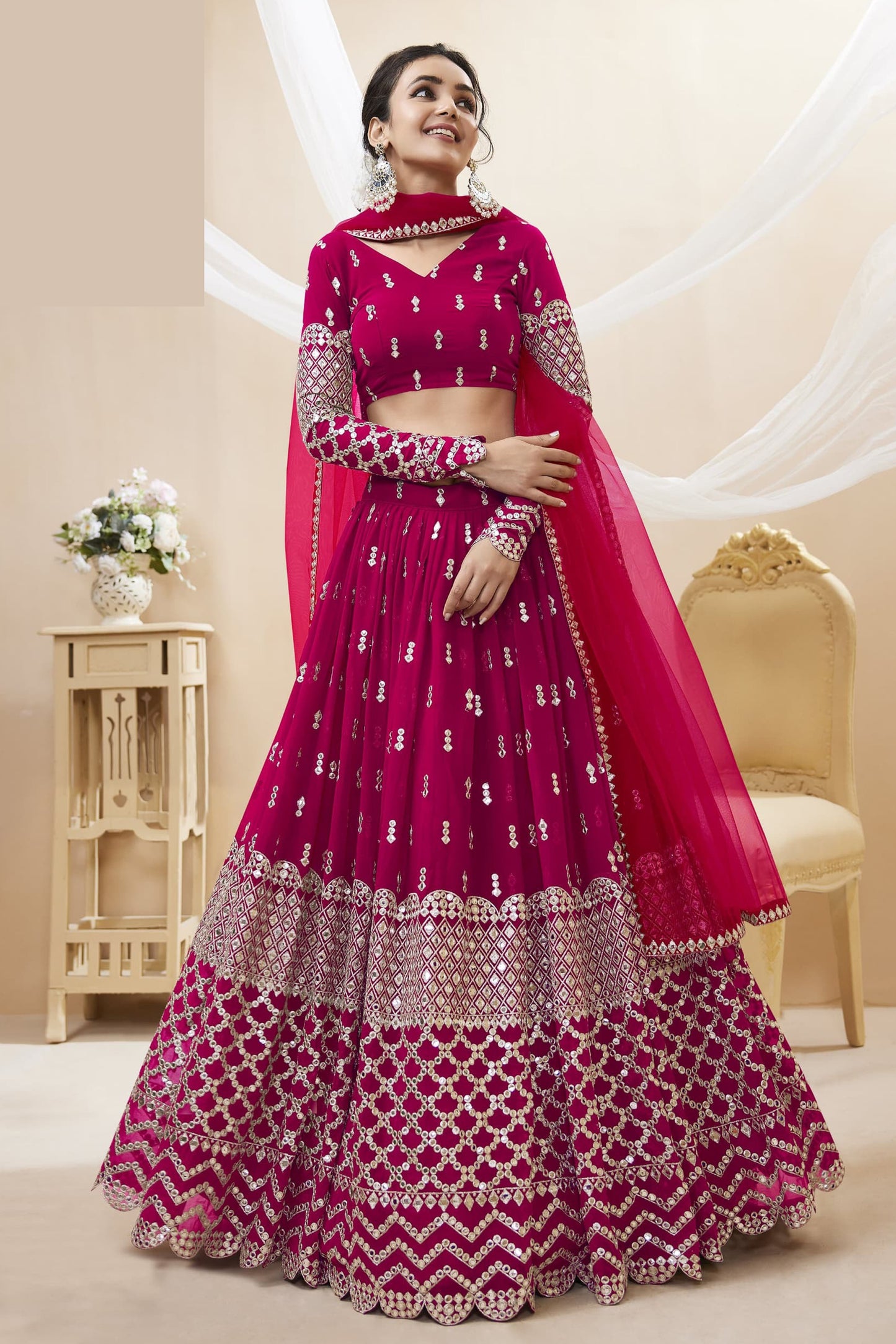 Dark pink lehenga full front view with dupatta drape