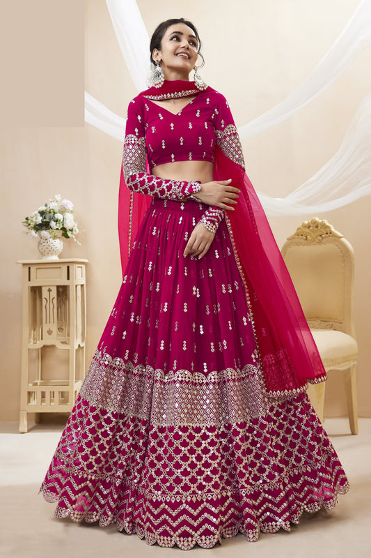 Dark pink lehenga full front view with dupatta drape