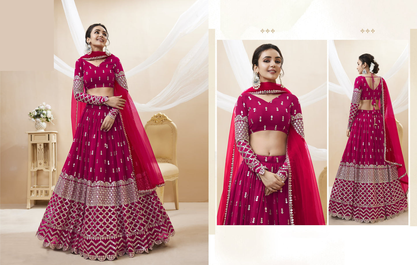 Dark pink lehenga styled for evening wedding event