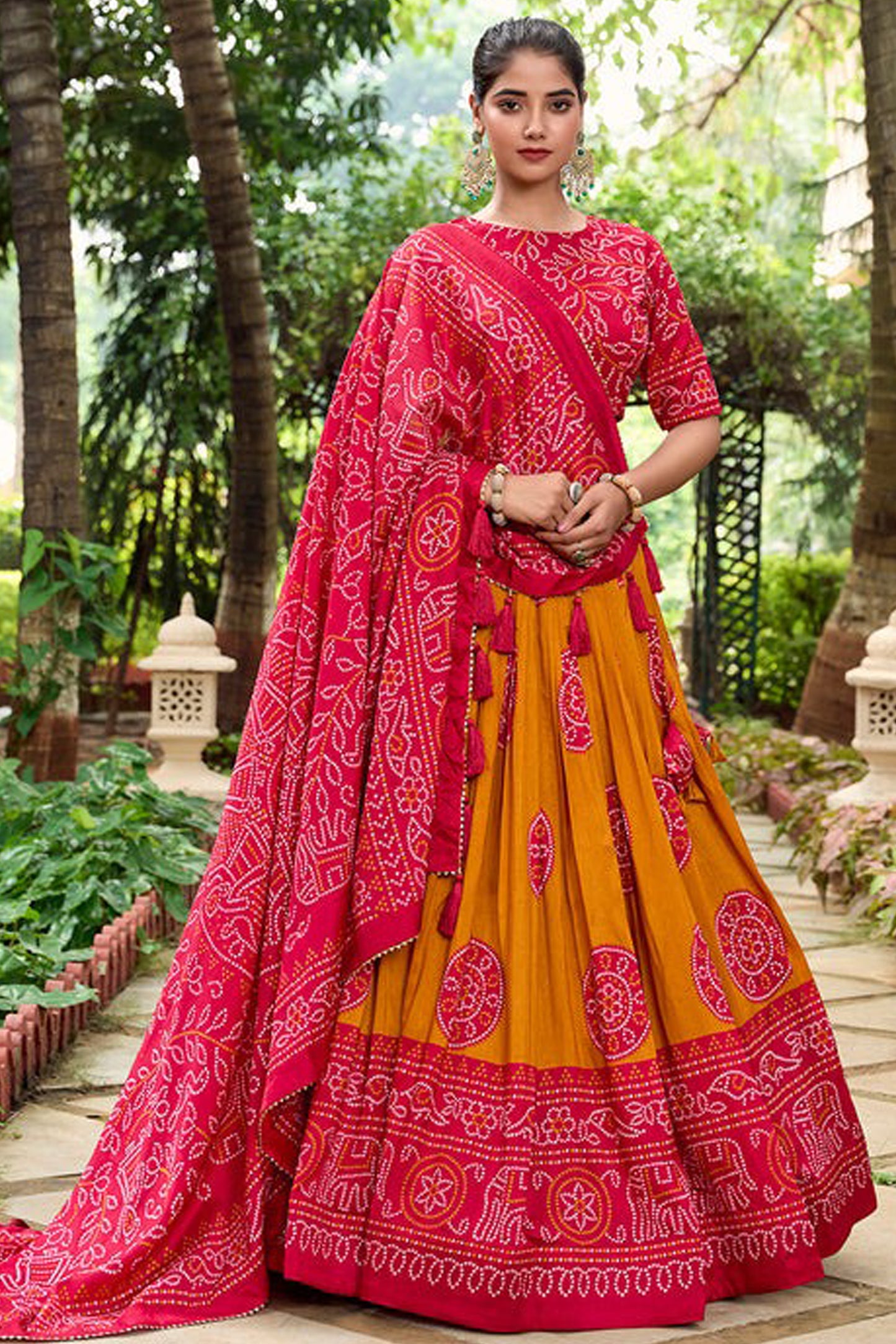 Dark pink lengha choli front view with bandhej print