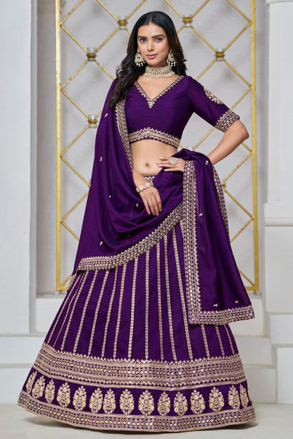 dark purple lehenga and choli front view with embroidery work