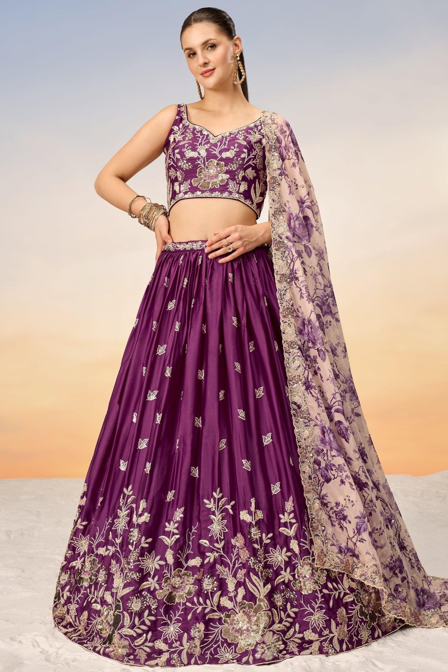 Dark Purple lehenga choli full front view with net dupatta