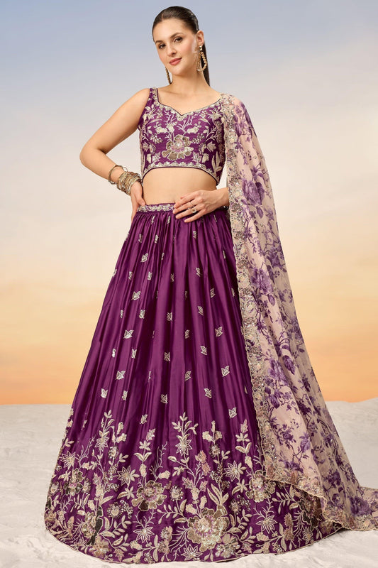 Dark Purple lehenga choli full front view with net dupatta