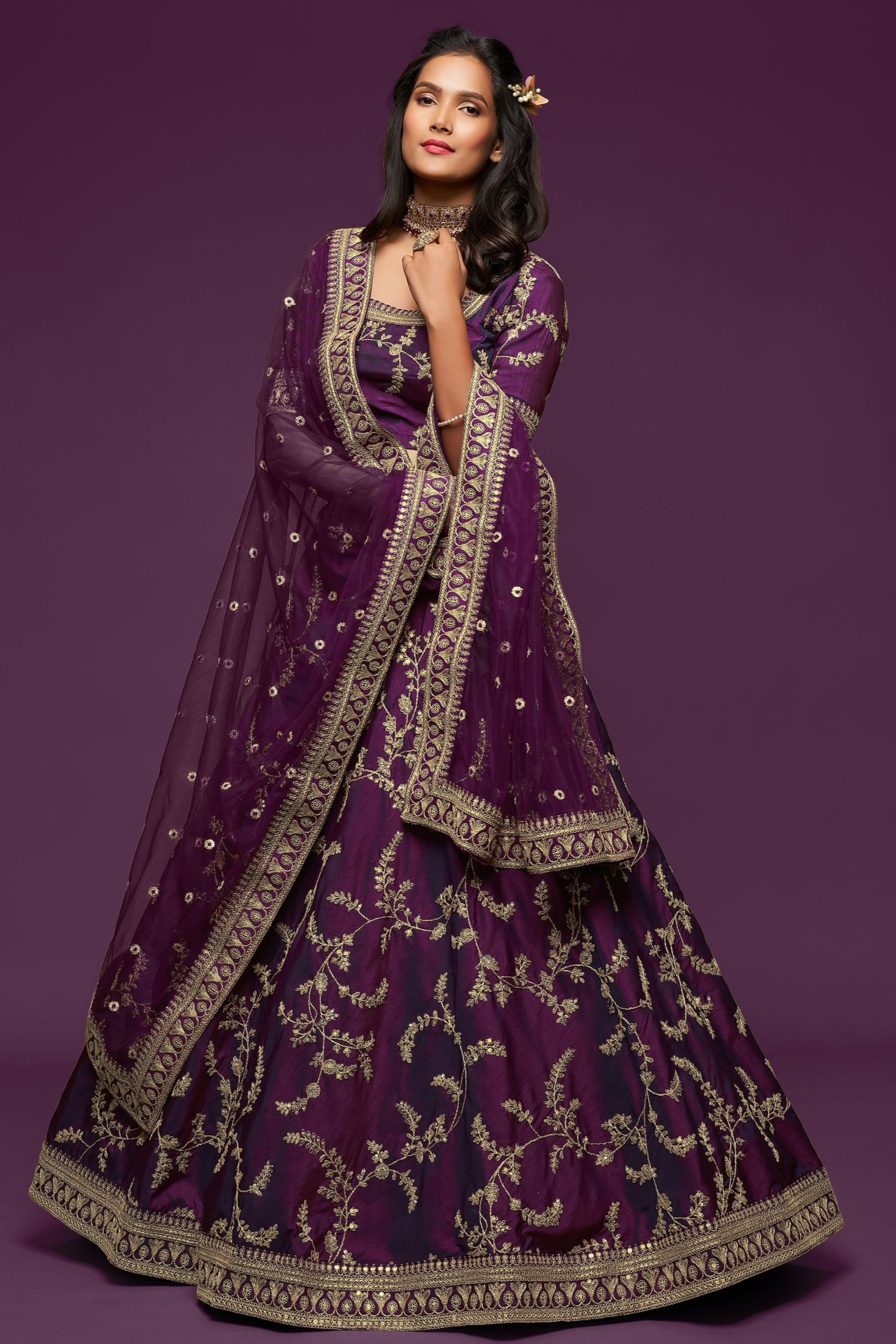 Dark purple reception lehenga full front view with embroidery