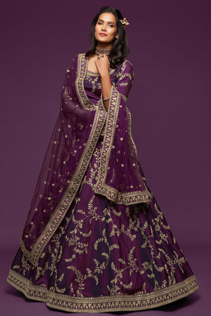 Dark purple reception lehenga full front view with embroidery