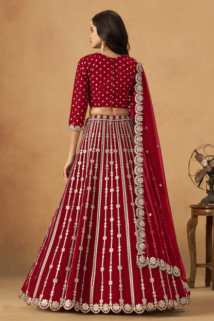 Back view of dark red lehenga choli with dupatta drape