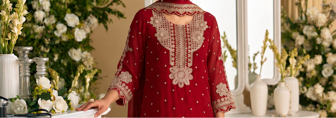 Silk salwar kameez suit with detailed festive embroidery finish