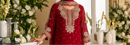 Silk salwar kameez suit with detailed festive embroidery finish