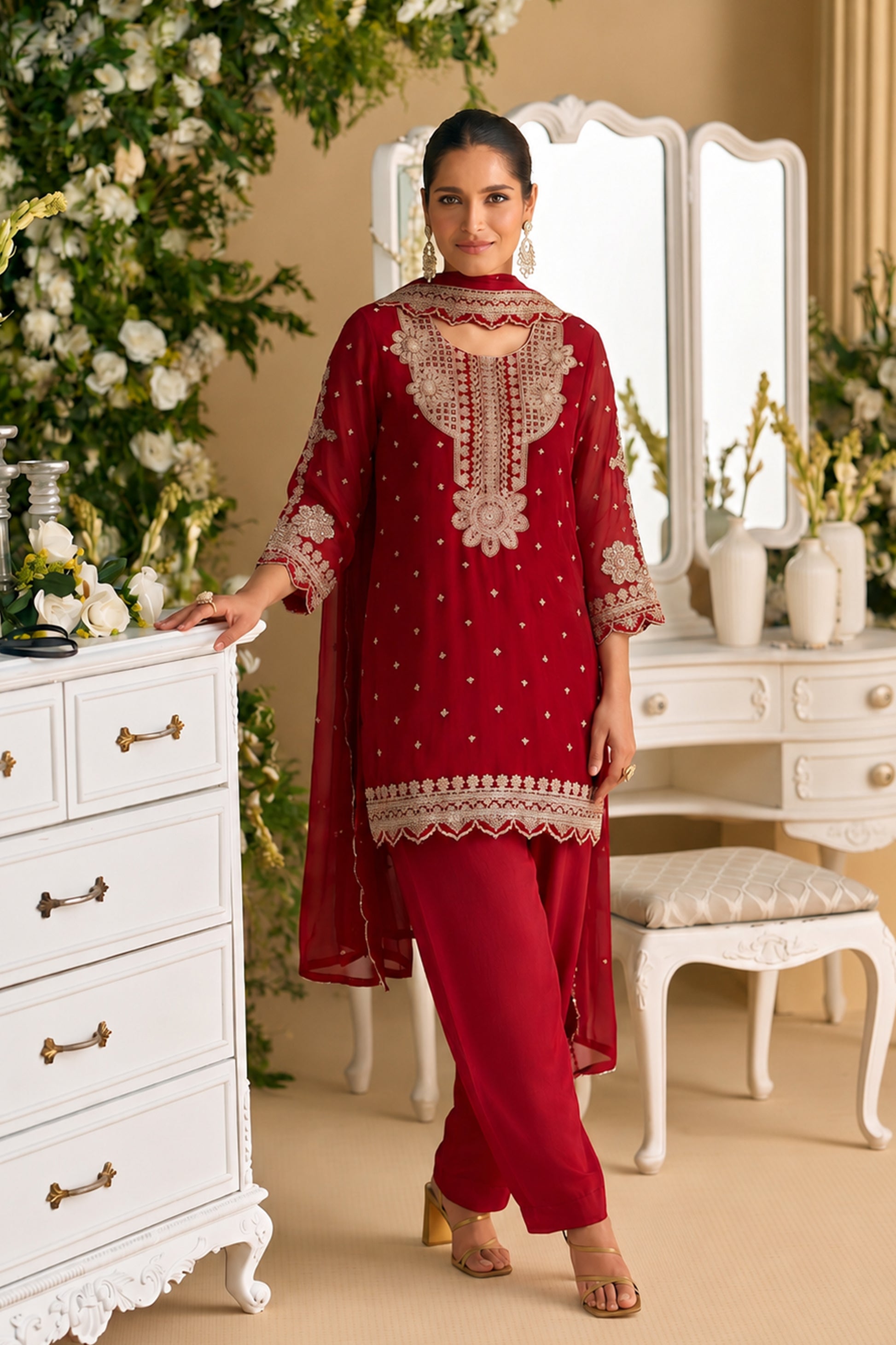 Dark Red Salwar Kameez with heavy thread sequin embroidery and diamond zarkan work
