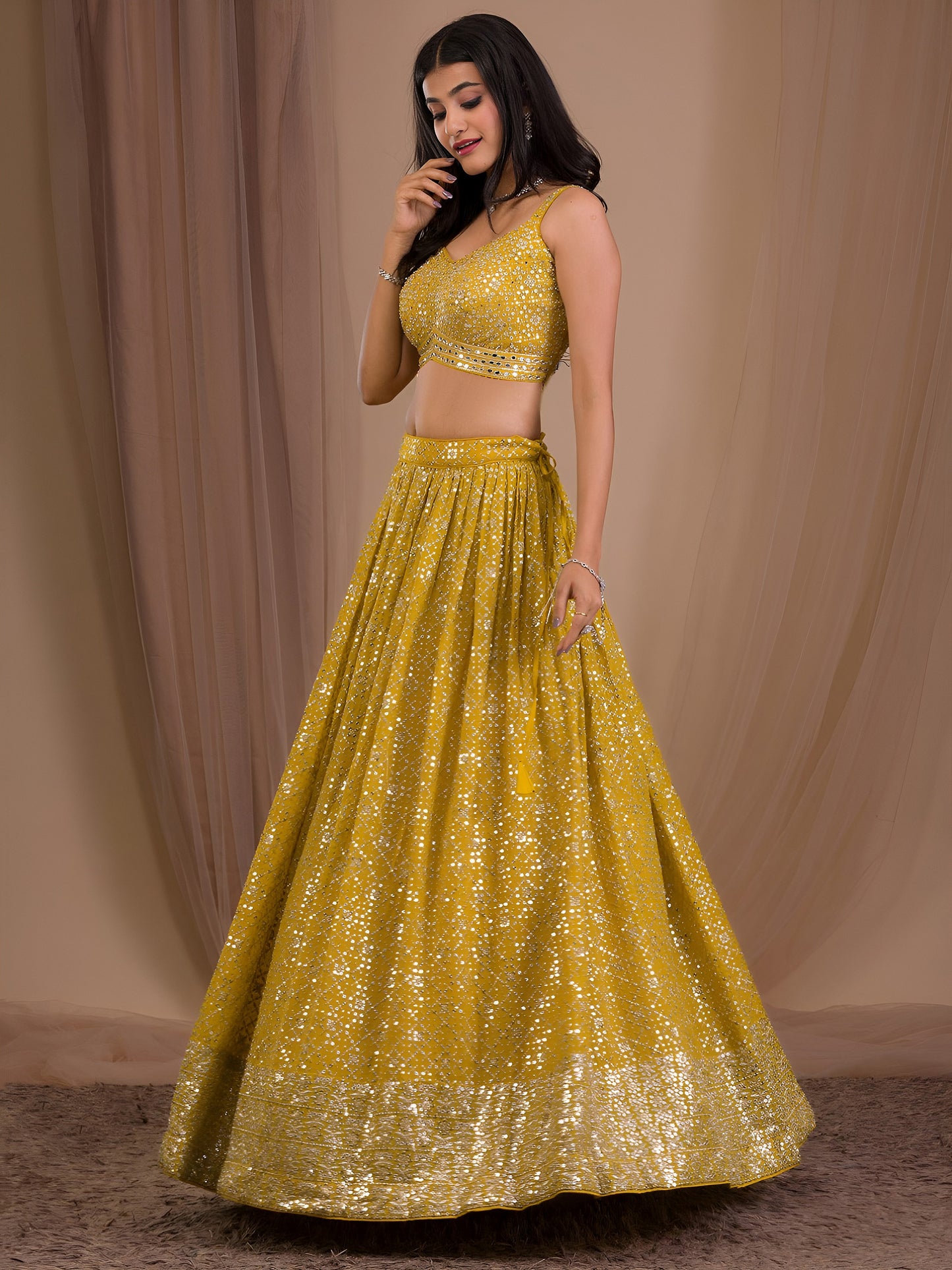 Dark Yellow Lehenga Choli styled for Sangeet night