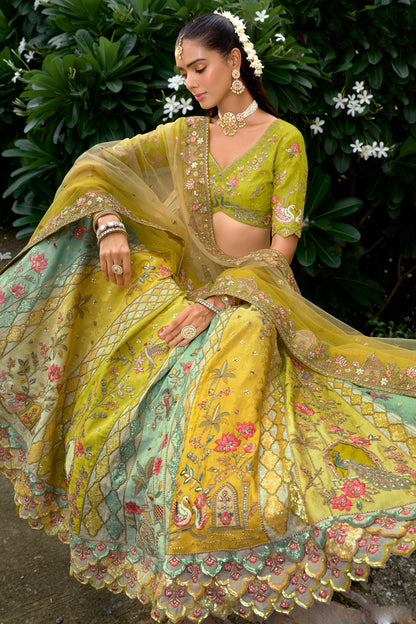 Yellow lehenga back view showing detailed craftsmanship