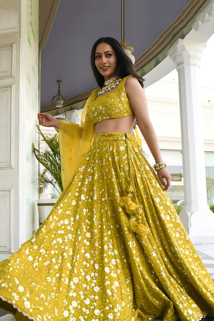 Side profile of sequins embroidered lehenga choli