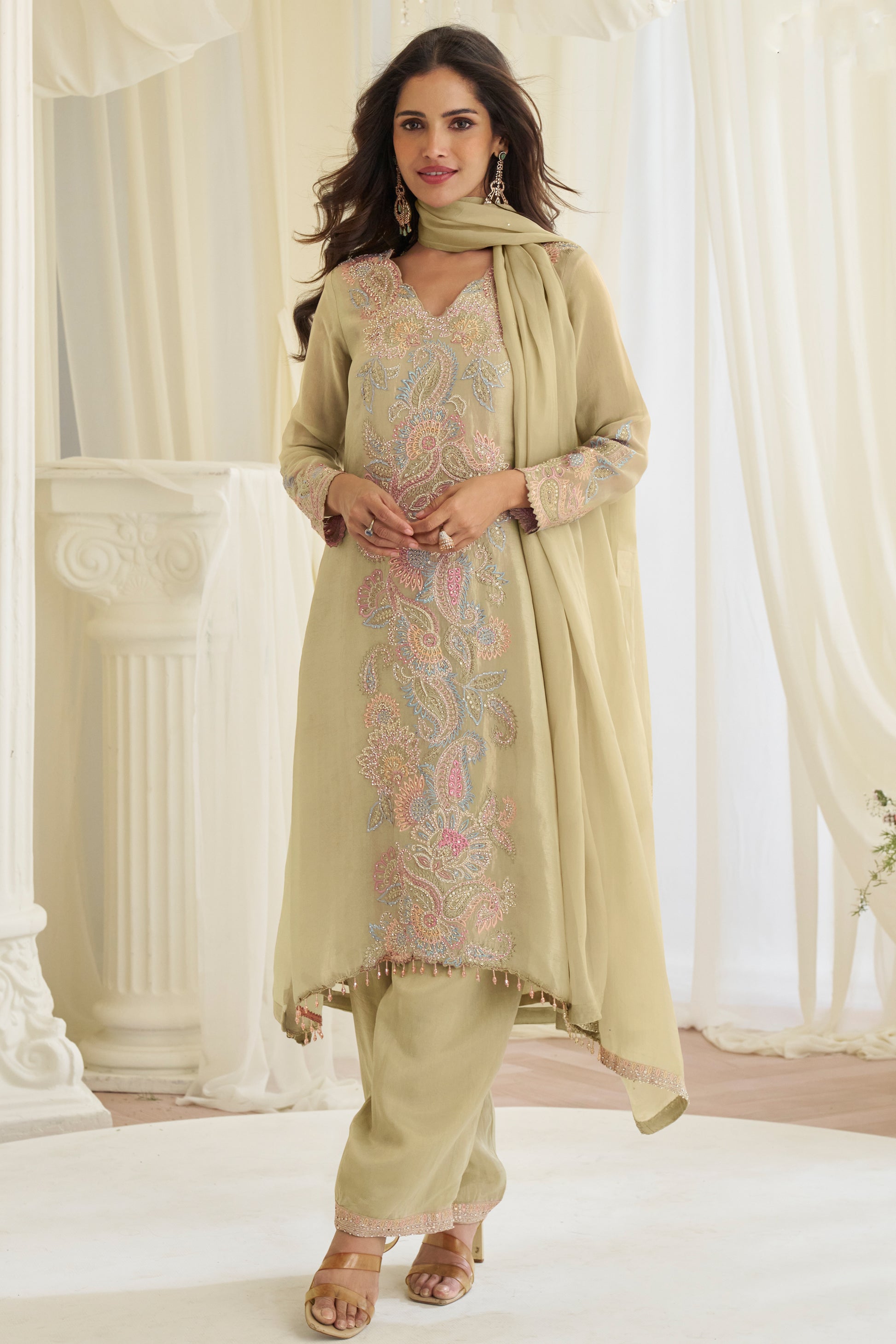 Front view of dark yellow sharara suit with kameez