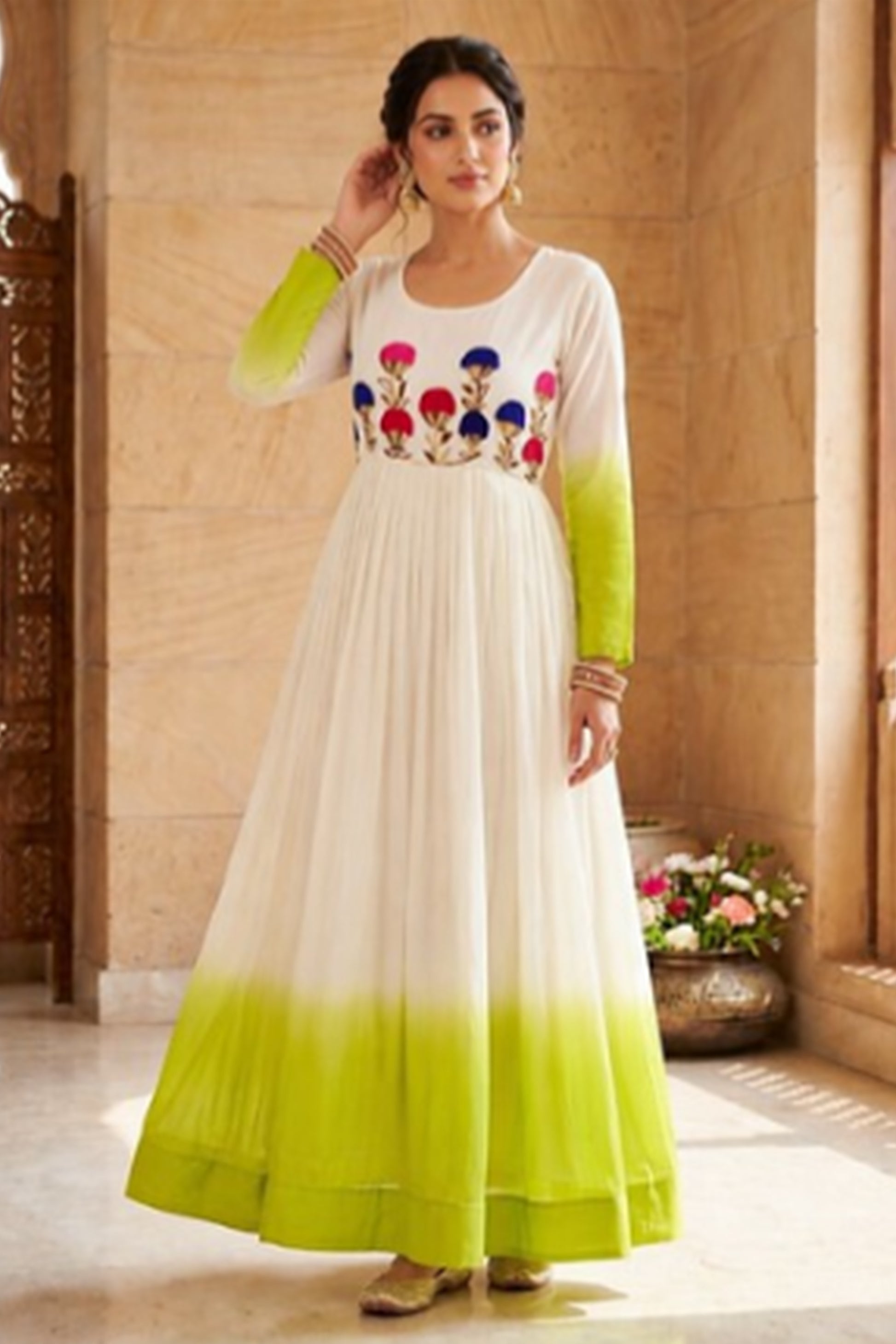 Light Green Designer Gown with Embroidery Woolen thread work