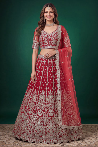 Red designer heavy lengha choli with Zari and Dori embroidery