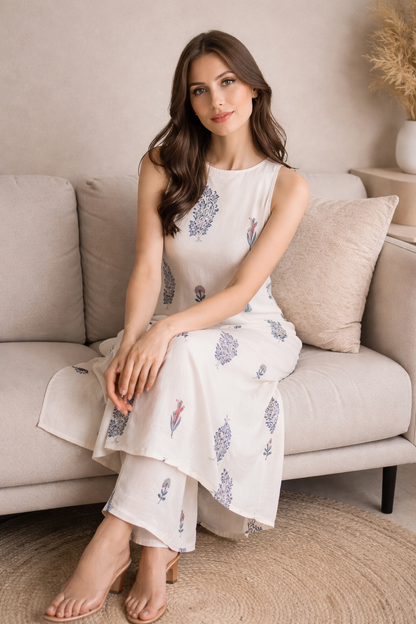 Woman sitting on a couch wearing a white dress with floral patterns