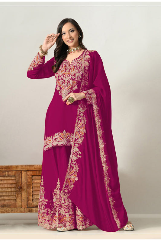 Front view of Designer Palazzo in Pink Chinon with Embroidered Sequence Work and Khatli Work