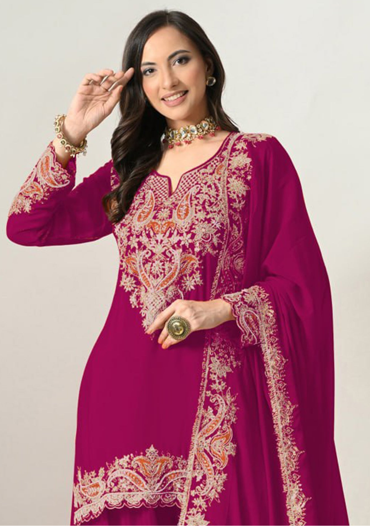 Designer Palazzo featuring Pink Chinon with Embroidered Sequence Work and Khatli Work