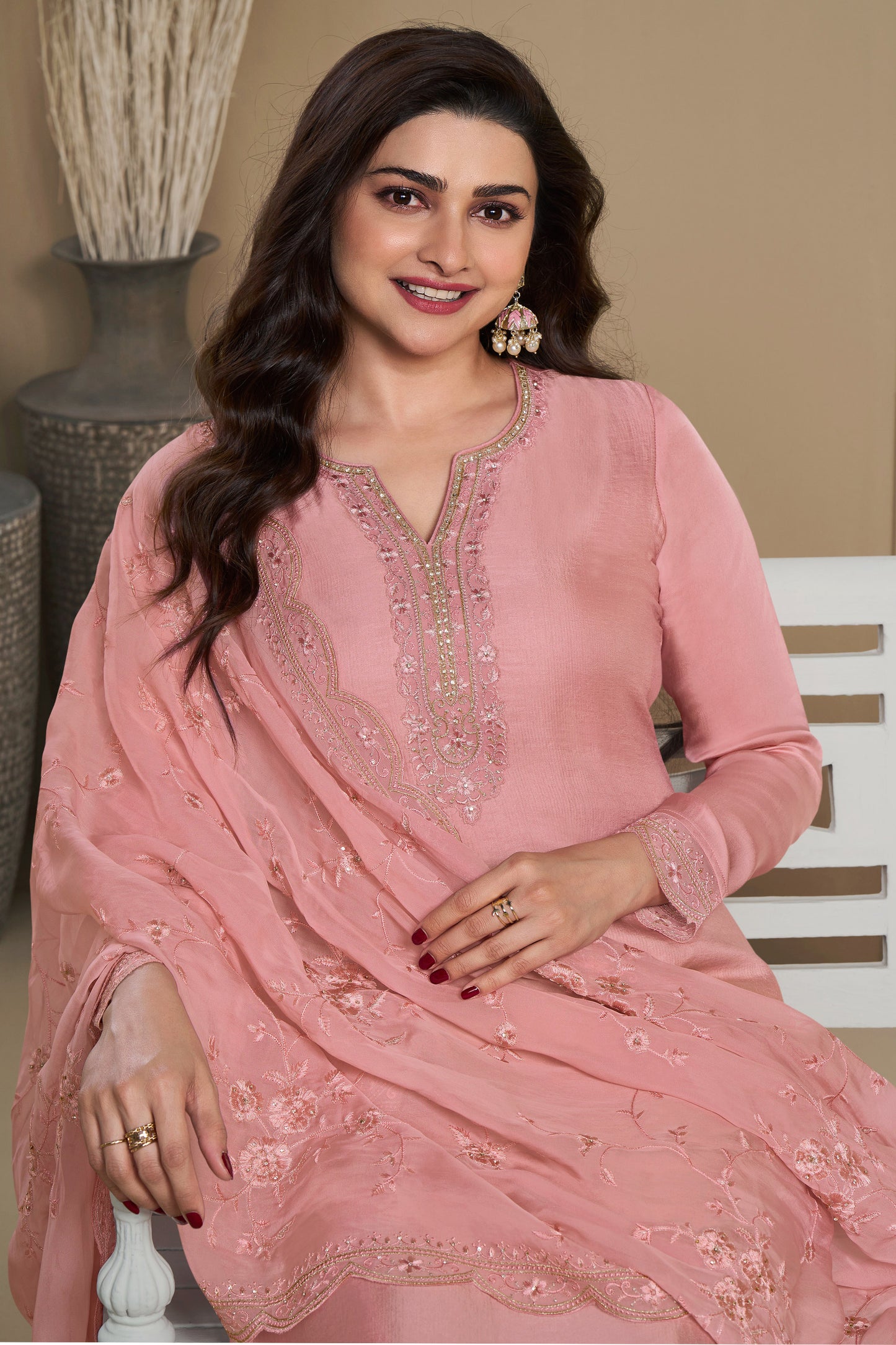 peach salwar kameez in American home