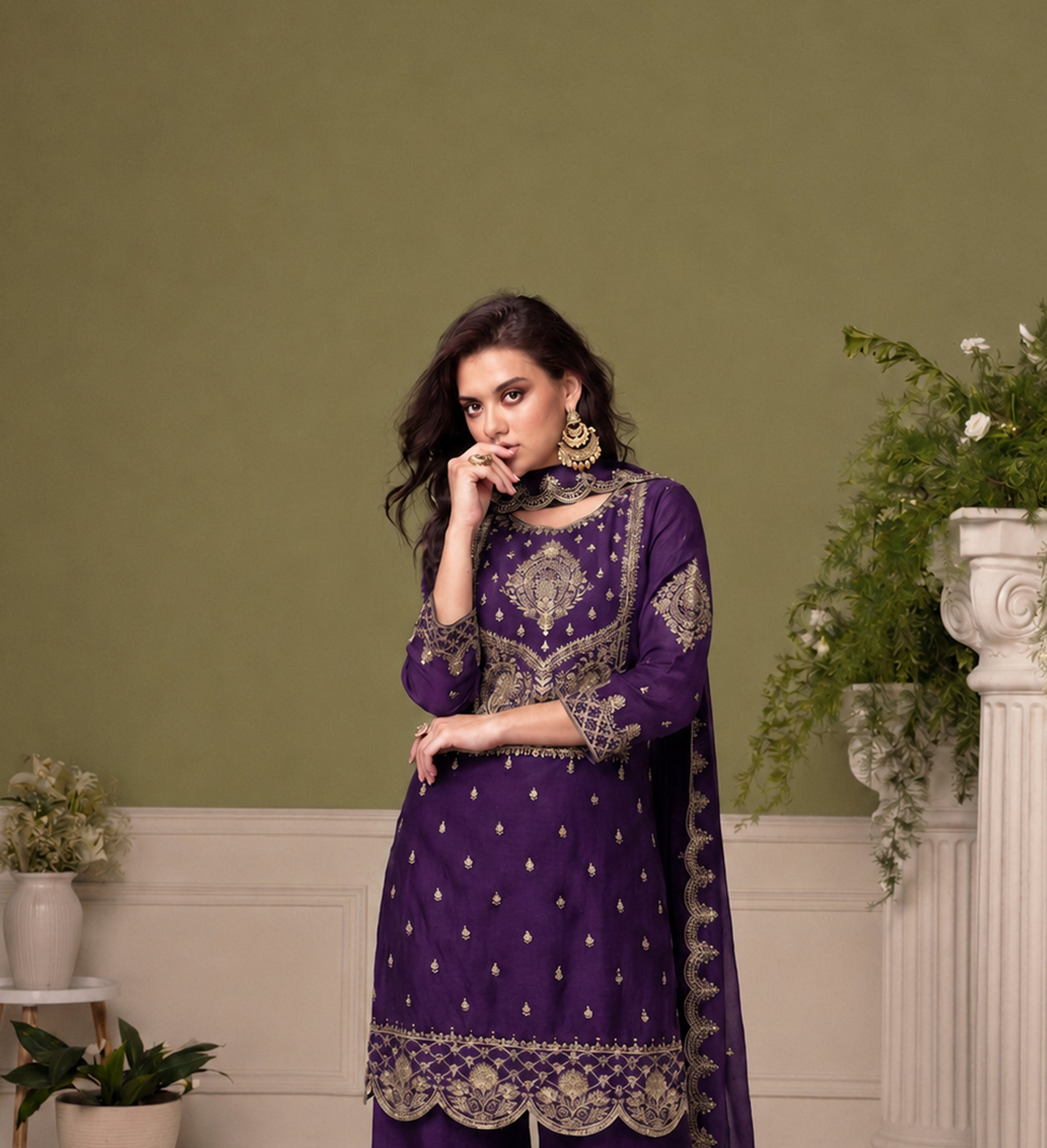 Royal Purple Salwar Kameez styled for a wedding reception occasion