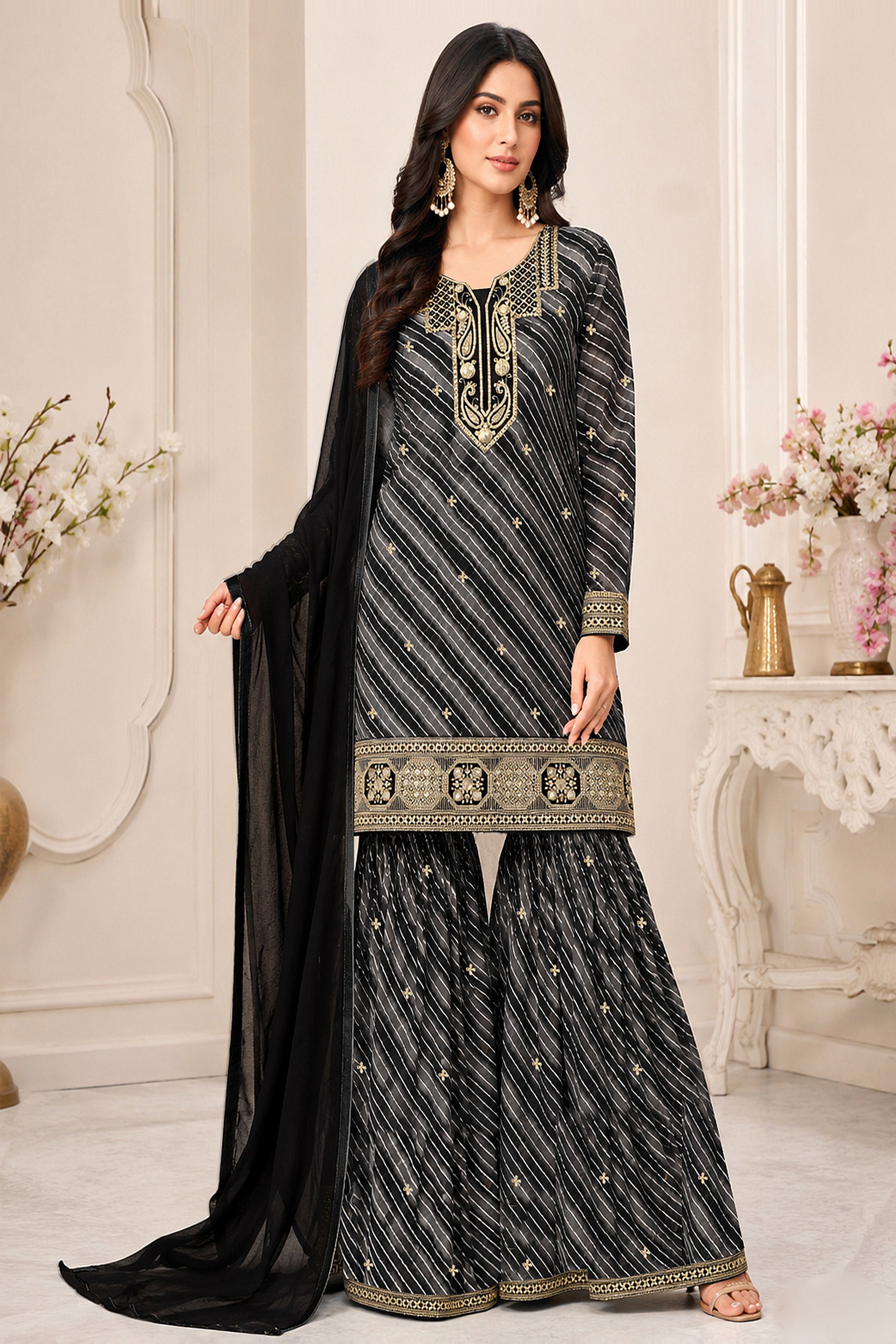 Heavy Embroidered Black Sharara with detailed finish
